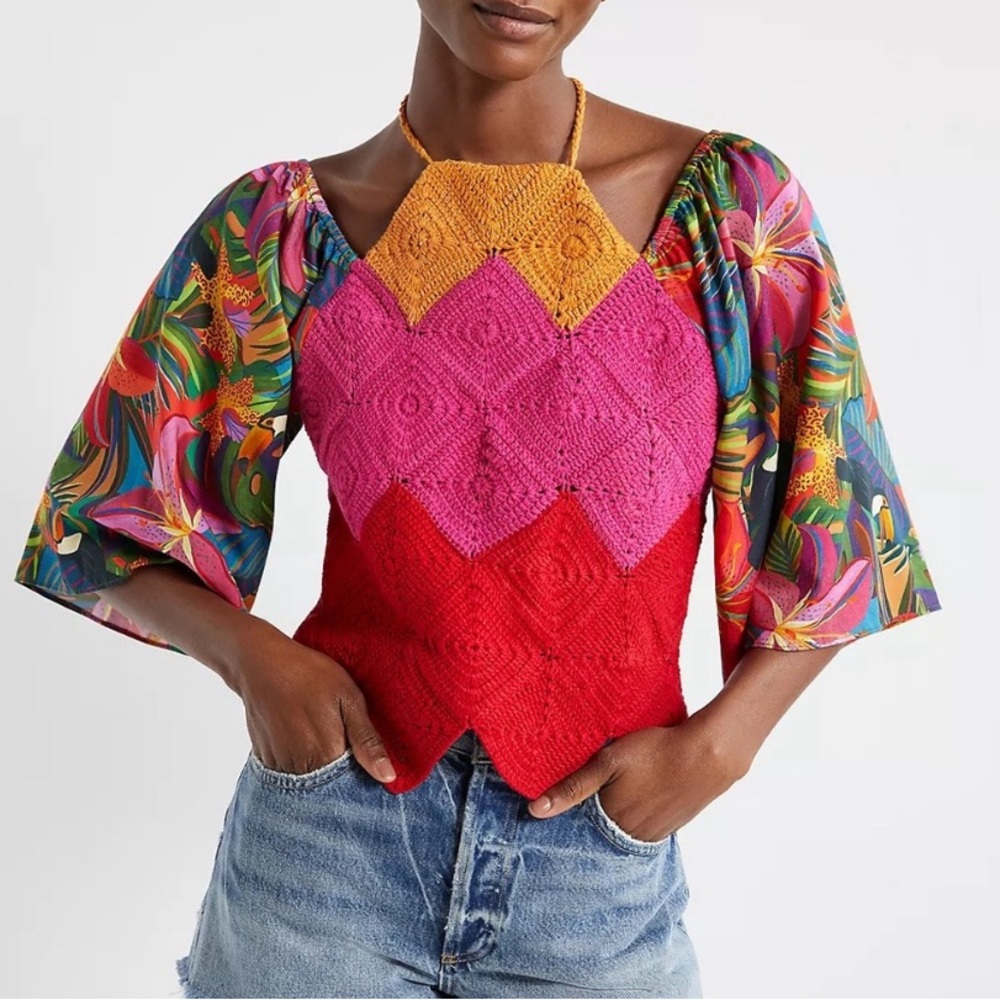 Farm Rio for Anthropologie Halter Crochet Top Size Large